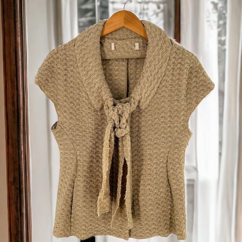 Marni Neutral Beige Woven Metallic Cap Sleeve Cardigan Jacket Size 42